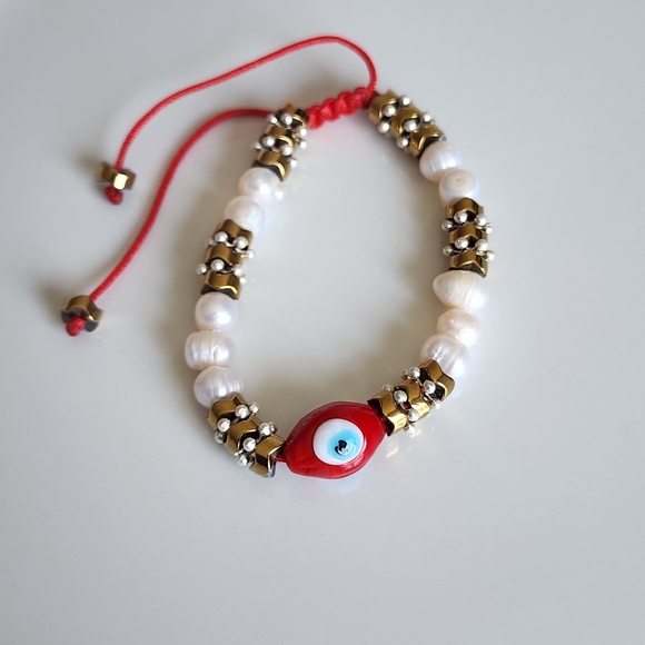 Evil Eye Beaded Bracelet with Pearls and Red Cord - Picture 1 of 4